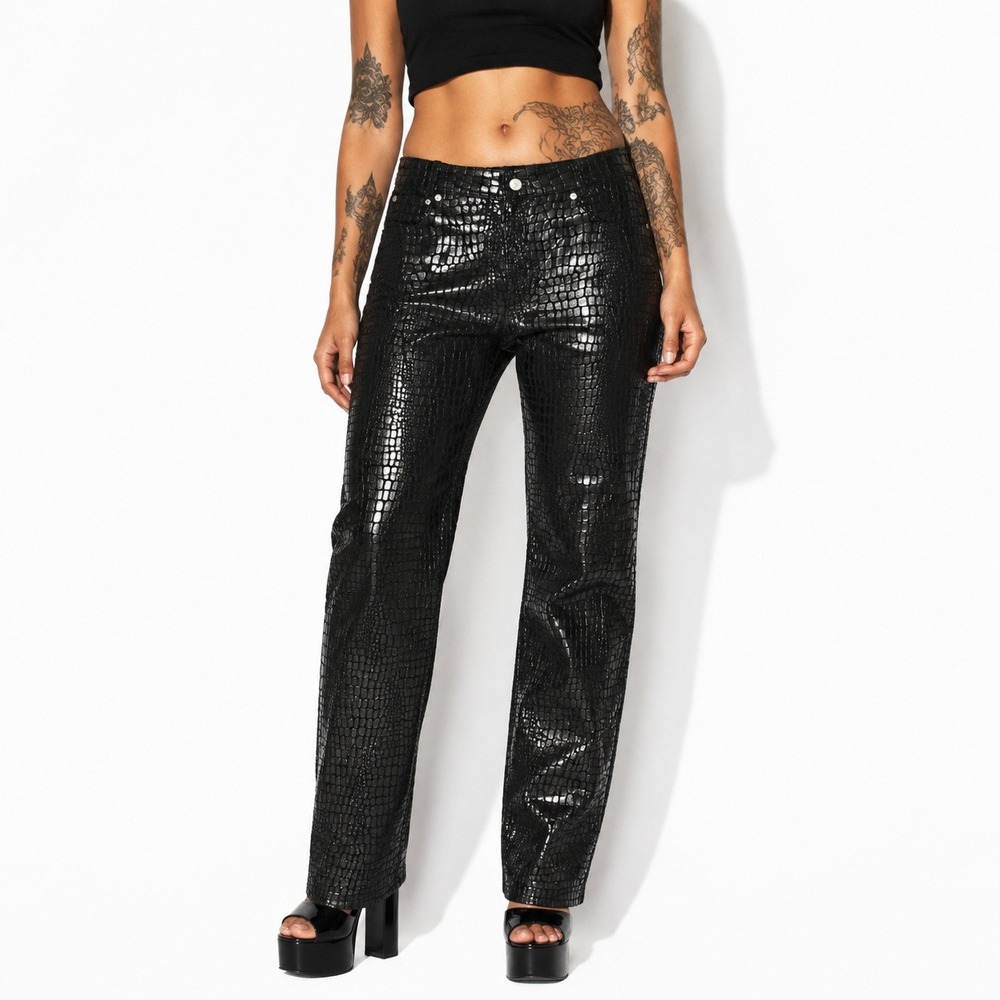 Y2K Vintage Croc Embossed Leather Pants Womens 2 Black Straight Leg High Waist